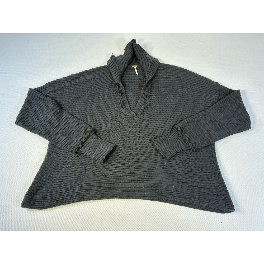 Free People Lovers Lane V Neck‎ Sweater Womens Large Black Distressed Ribbed